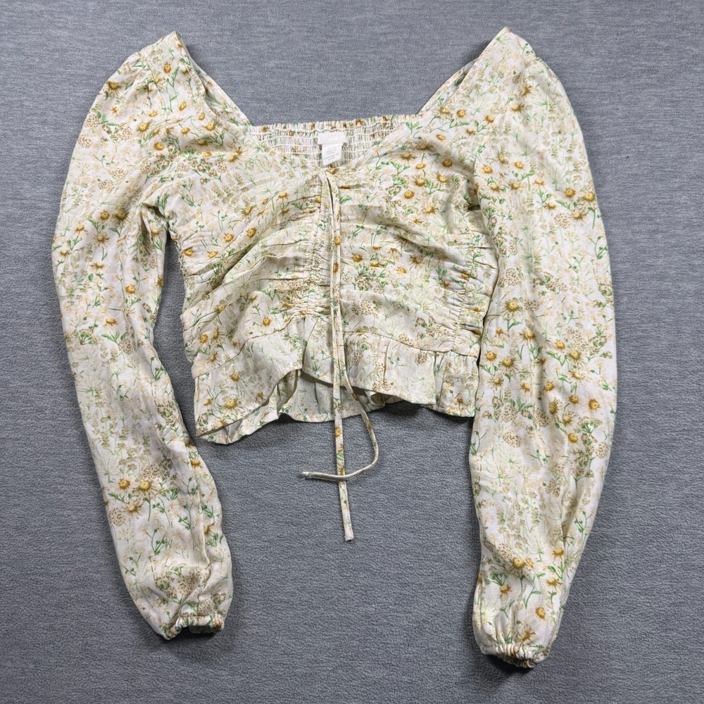 H&M Top Womens XS White Floral Long Sleeve Smocked Ruched Front Crop Blouse Boho